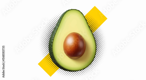 Glossy Halftone Avocado Half with Deep Green Skin, Vibrant Light Green Flesh, and a Smooth Brown Pit