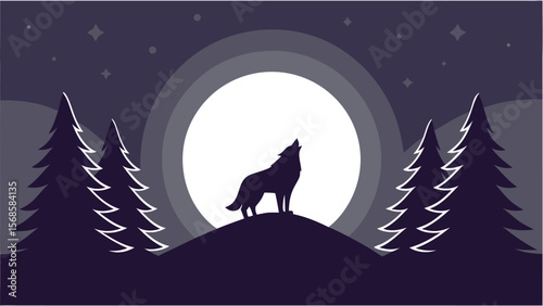 Lone wolf howling at moon through pine trees night stars