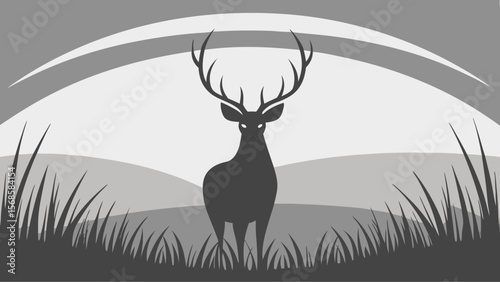 Majestic stag in tall grass rolling hills curved sky deer antlers