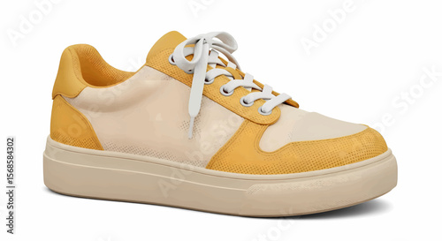 Glossy Halftone Two-Tone Sneaker with Creamy Beige Body, Mustard Yellow Accents, and White Laces