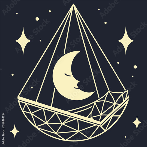 Sleeping crescent moon in geometric terrarium with stars vector