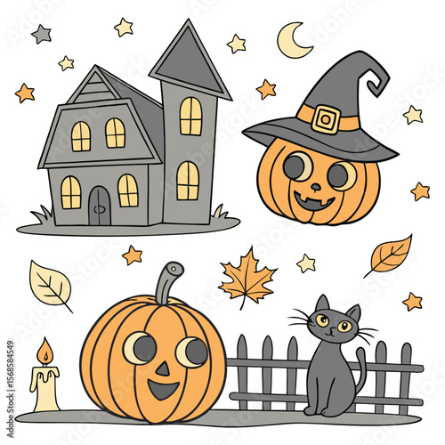 Whimsical Halloween collection with spooky house jack o lanterns and black cat haunted house pumpkin