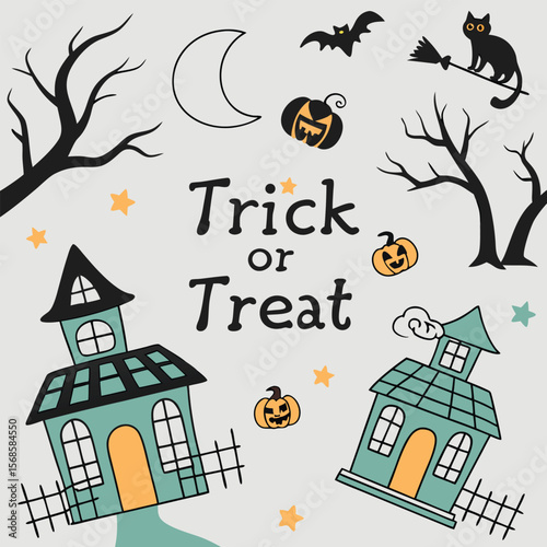 Whimsical Halloween Scene with Spooky Houses and Flying Cat trick or treat black cat