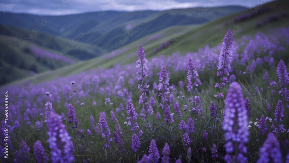 Fototapeta premium Purple Flower Blooming In A Summer Hilly Meadow with Empty Copy Space For Text
