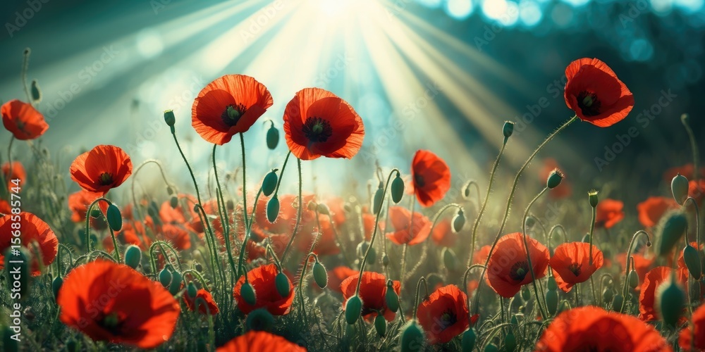 Obraz premium Red Poppies In Rays Sun with Beautiful Bokeh, Local Focus, and Empty Copy Space for Text