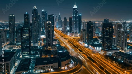 Wallpaper Mural Aerial Nighttime Cityscape View Illuminated Skyscrapers with Bright Golden Lights and Active Transportation Roads Torontodigital.ca