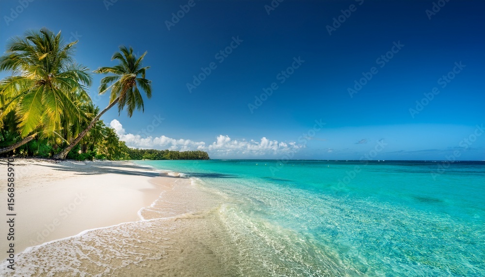 Naklejka premium crystal clear ocean waves washing over a tropical white sand beach with tall palms swaying in the warm breeze