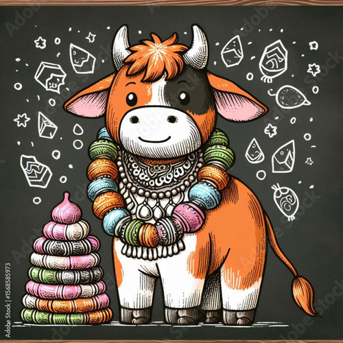 Cow with a Garland (India) - Adorable cow illustration with colorful necklaces and a pyramid of sweets on a chalkboard background