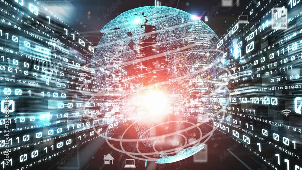 Futuristic global social media, people network and tacit digital data sharing . Concept of smart digital transformation and technology disruption that changes global trends in new information era .