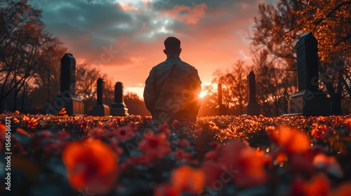 Solitary figure at dusk in a graveyard amidst flowers, sun glowing behind, somber and reflective
