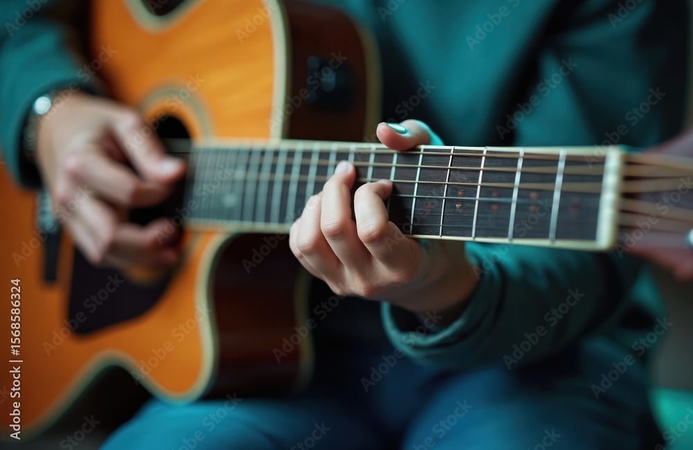 Obraz premium Learn guitar online from home with a virtual music instructor. This close-up shows hands playing acoustic guitar, perfect for digital music education and remote learning tutorials.