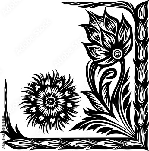 Floral corner and circle frame with leaves, SVG vector illustration for decorative design, clean lines.Elegant black and white floral design with intricate patterns