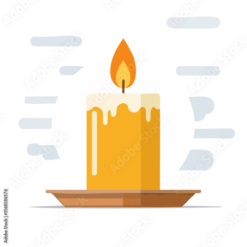 Burning candle on plate with flame in minimalist graphic art style vector, isolated, firelight, celebration, illustration