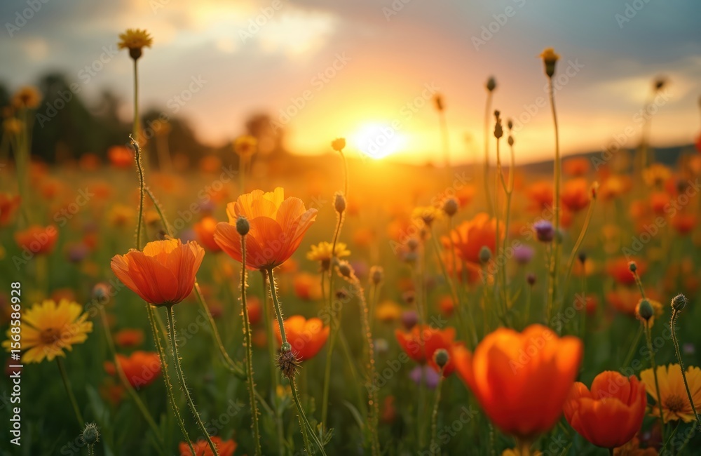 Obraz premium Colorful wildflowers, possibly poppies and daisies, bloom in sun-drenched field during sunset. Golden hour light creates warm, vibrant atmosphere. Natural scene evokes peaceful summer or spring day.
