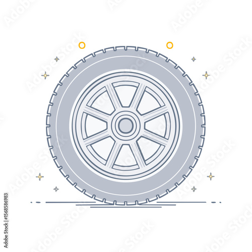 Cartoon wheel illustration on black automotive transport graphic flat design vehicle equipment rubber object spare part transport accessory