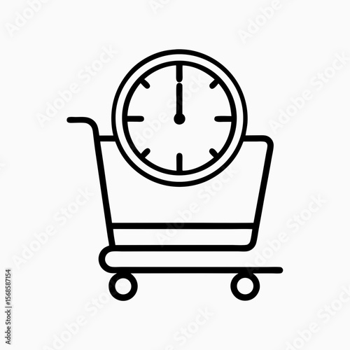 Shopping time, clock sits in shopping cart as customers plan their spending. Shopping time for retail promotions and sales, or to get items as quickly as possible.