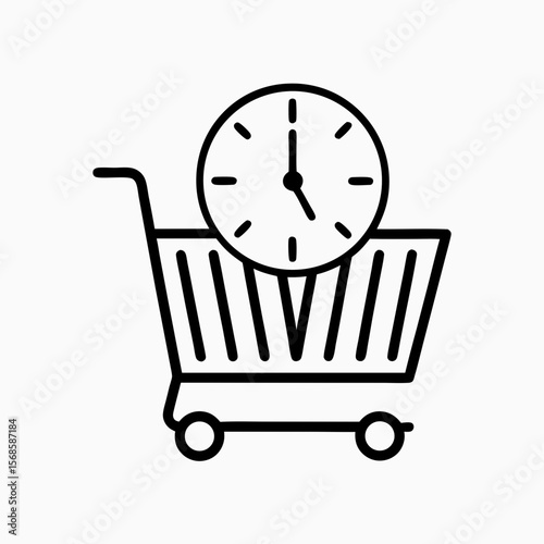 Online shopping symbol shows minimalist cart with time clock, representing time-sensitive purchases. This online shopping icon highlights time management during sales periods,