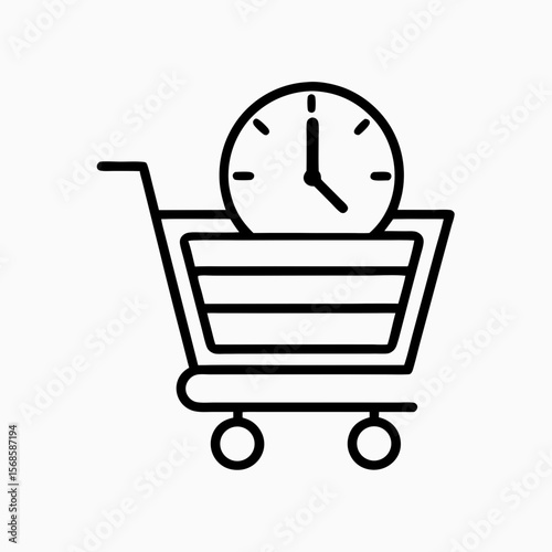 Shopping time concept shows shopping cart with clock inside, depicting deadline for purchase. Shopping time presents urgency and limited availability, illustrating timing aspect of consumerism.
