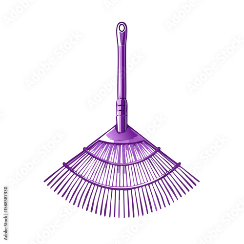 Whimsical purple leaf rake illustration against black backdrop showcasing yard work and autumnal theme for creative and decorative uses