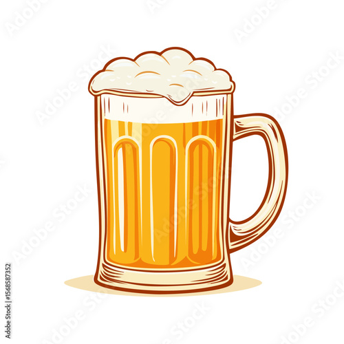 Full mug of beer vector illustration with thick foamy head isolated on black background refreshment beverage celebration Oktoberfest bar.