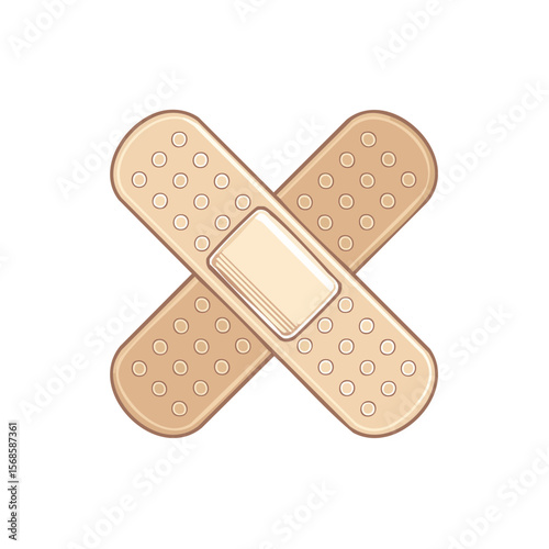 Illustrated adhesive bandages crossed over for wound care and first aid on black background, wound protection symbol design element
