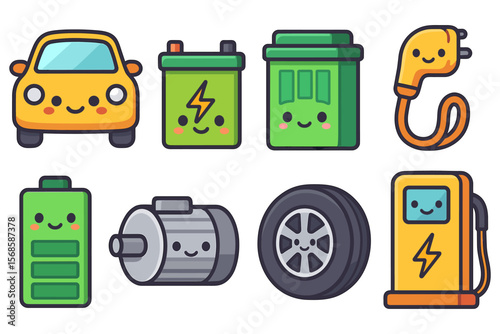 Cute electric vehicle components vector illustration for kids poster in flat style