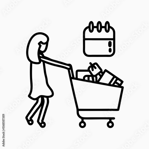 Shopping schedule concept shows woman pushing cart with packages and calendar, planning future sales. Shopping schedule outlines upcoming deals.