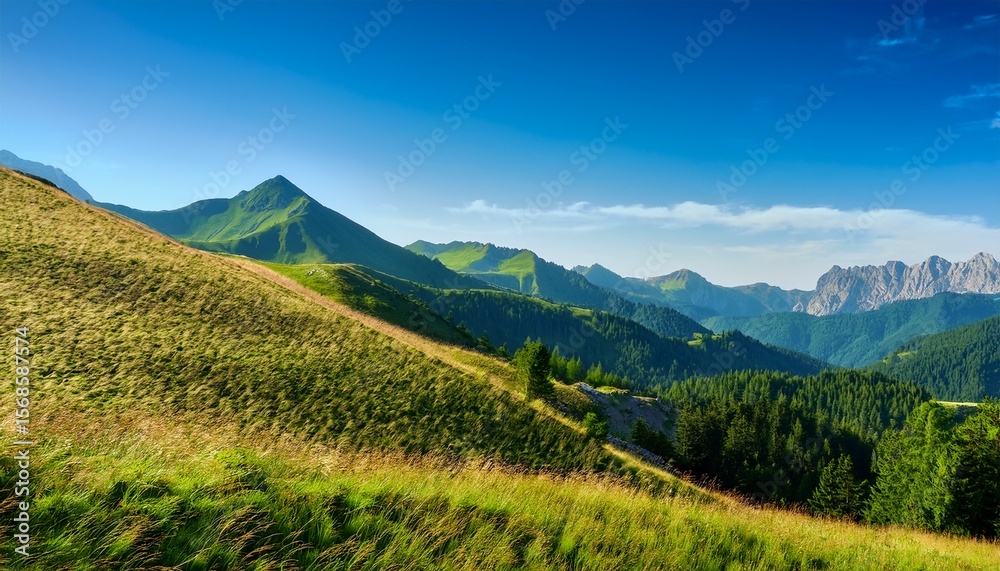 Fototapeta premium mountain landscape with green forest and clear blue sky creating peaceful and natural atmosphere