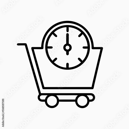 Shopping time illustration shows clock inside shopping cart outline on white background. Shopping time and deadline are represented by time element inside basket. Shopping time for sale,