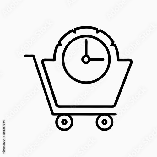 Last minute shopping cart with clock inside for fast purchases, with quick timer reminder. Last minute shopping concept presents urgency, as time ticks. Consider last minute shopping for time saving,