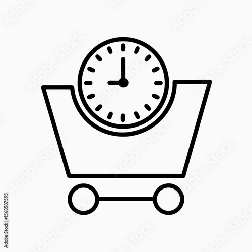 Shopping time icon representing timer over shopping cart outline, time is of the essence. Shopping time icon displays urgency and limited promotions, while promoting consumer engagement,