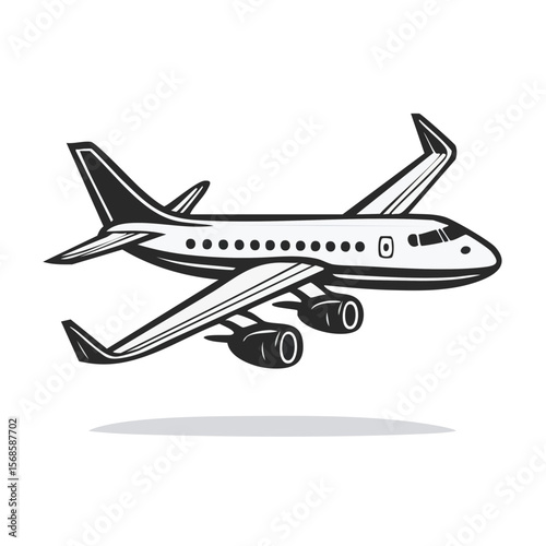 Stylized Airplane Flight Illustration Aircraft Flying Aviation and Air Travel Graphic Black and White