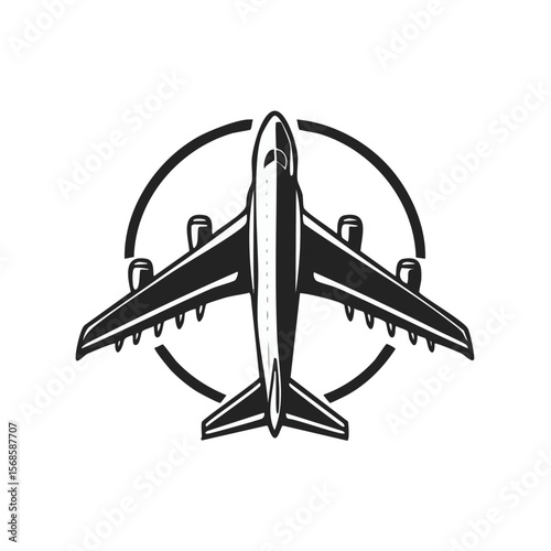 Monochrome Graphic of Airplane Illustration on Black Background Shows Flight Transport