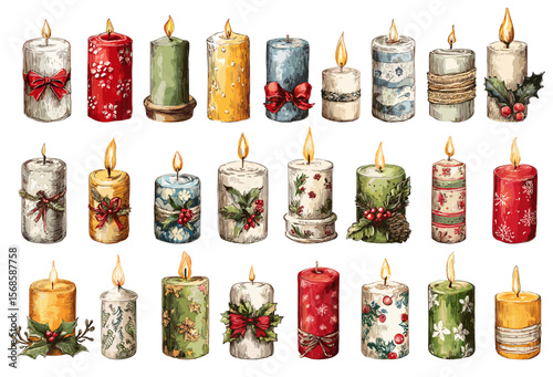 Christmas decorated candles. Watercolor colorful winter holiday lights design with holly, bows, patterns. Burning festive candles vector set