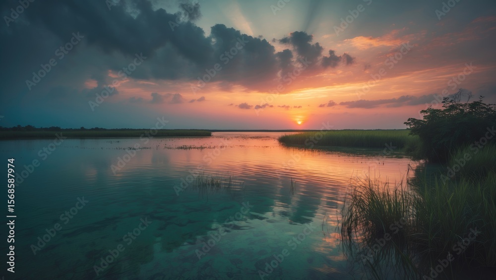 Naklejka premium A View Of A Lagoon During Sunset with nature photography.