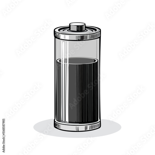 Illustration of a battery showing low charge level on a black background, power supply, energy concept