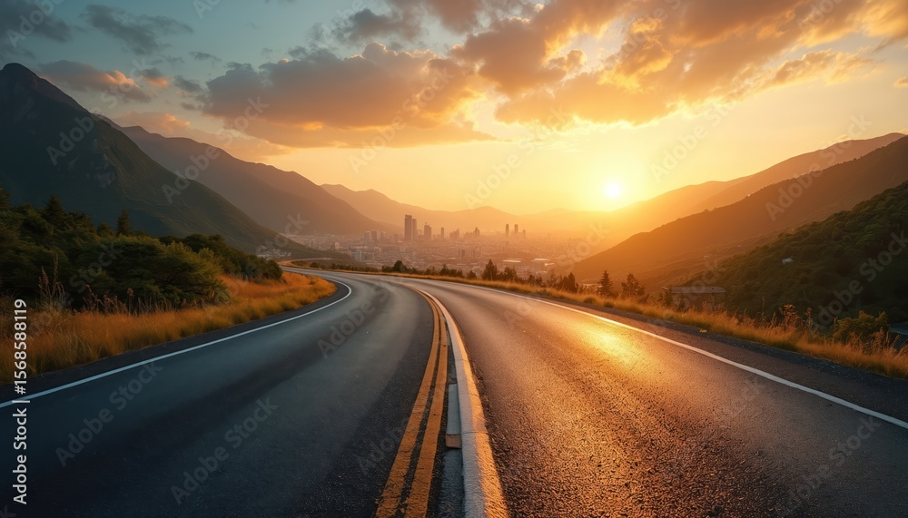 Fototapeta premium Winding asphalt highway through green mountains leads to city skyline at sunset. Golden hour light reflects on road surface. Open road journey towards urban landscape, conveying freedom and travel.