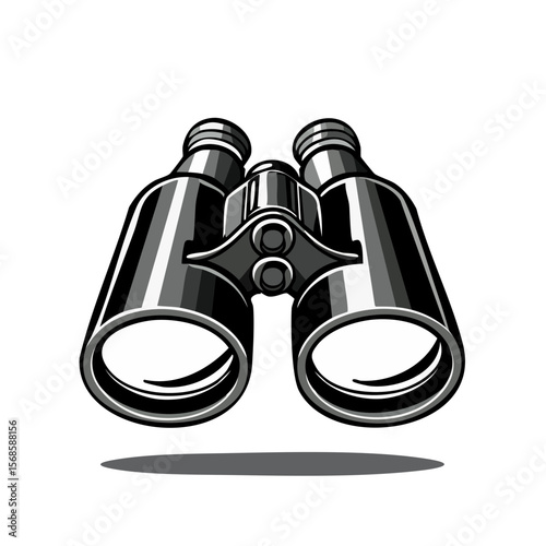 Vector illustration of binoculars with reflection, tool for observing wildlife or distant objects, black background