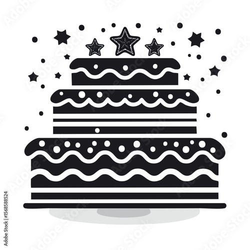Elegant three tier cake with star decorations on top against a black background minimalist party celebration design