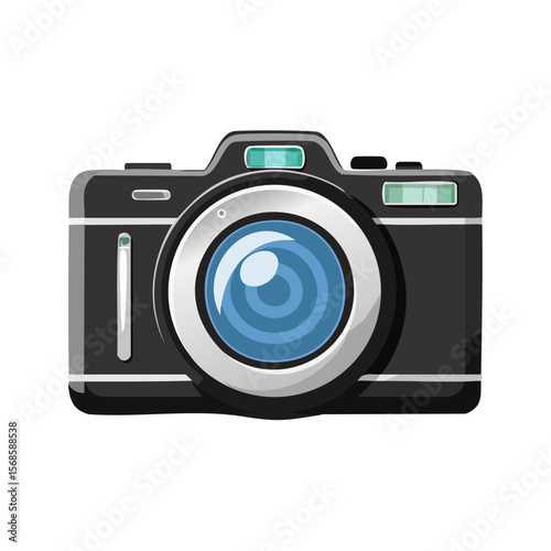 Illustration of camera with blue lens for photography content creation and artistic design or creative project visuals with black background
