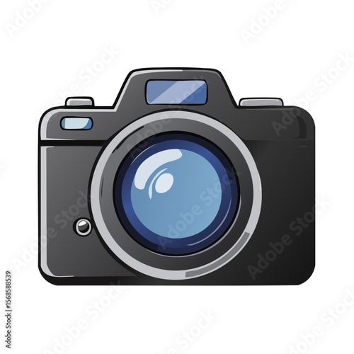 Illustration of a modern digital camera featuring a blue lens on a black background graphic resource for projects and design elements