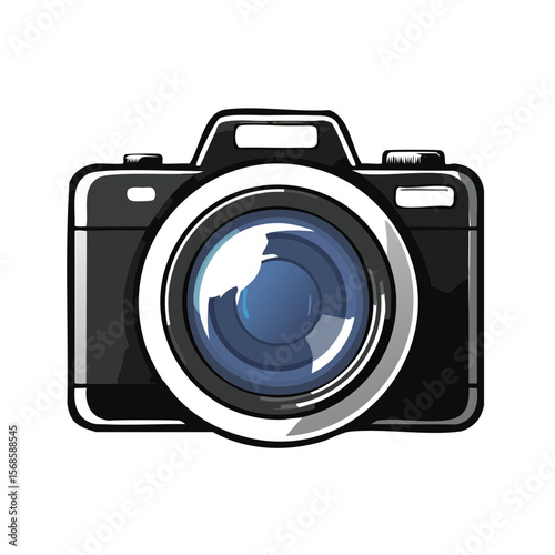 Digital camera illustration featuring lens reflection on a black background perfect for photography themes technology visuals