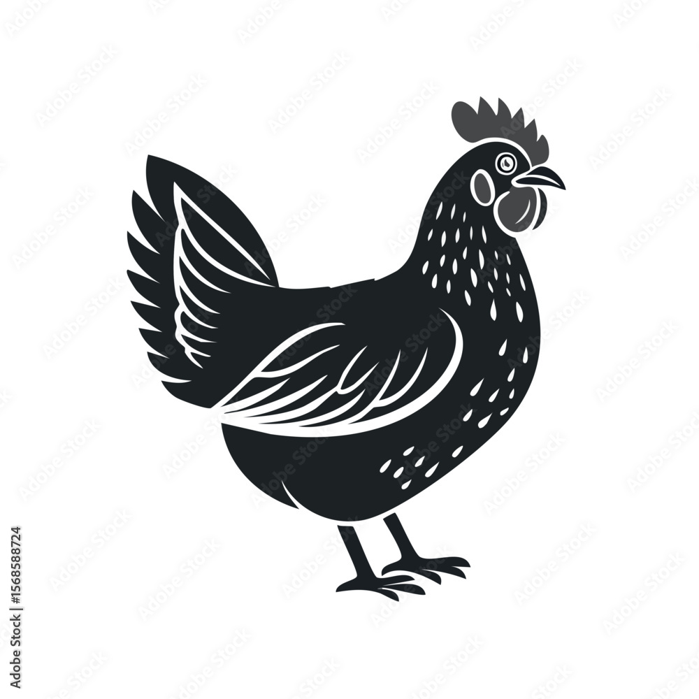 Fototapeta premium Stylized Black Chicken Illustration with White Accents on Dark Background Farm Animal Design