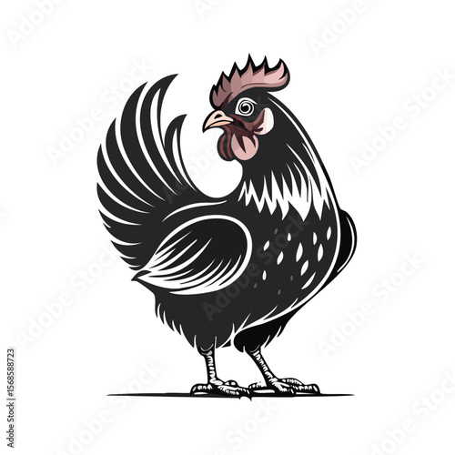 Elegant Black Chicken Illustration Standing on Black Background Farm Animal Poultry Bird Design