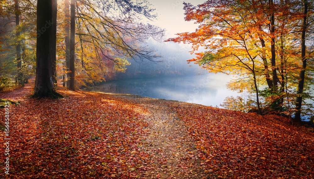Fototapeta premium tranquil lakeside path in autumn forest with colorful fallen leaves and misty atmosphere
