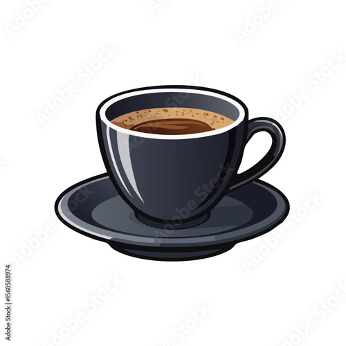 Isolated Cup of Coffee, Dark Roast Beverage on Saucer, Cafeteria Illustration