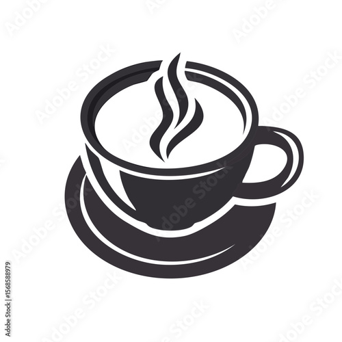 Illustration of a cup with hot beverage, steam on a saucer against black background