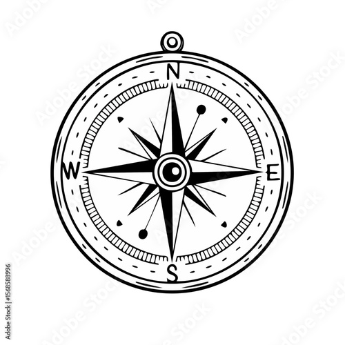 Monochrome Compass Rose Illustration with Cardinal Directions, Nautical Travel Icon