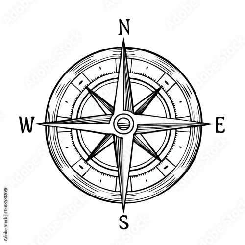 Vintage Style Compass Rose Illustration with Black and White Nautical Design
