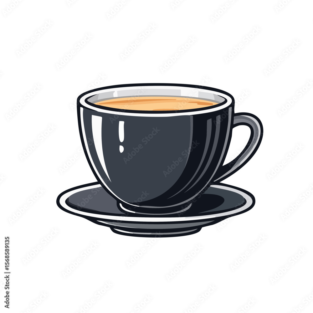 Illustration of dark gray coffee cup on matching saucer against black backdrop Illustration of dark gray coffee cup on matching saucer against black backdrop